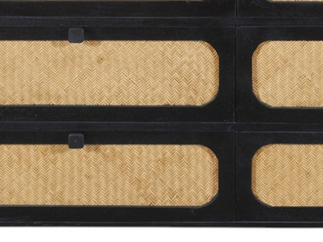 56" Black And Natural Solid Wood And Rattan Six Drawer Double Dresser