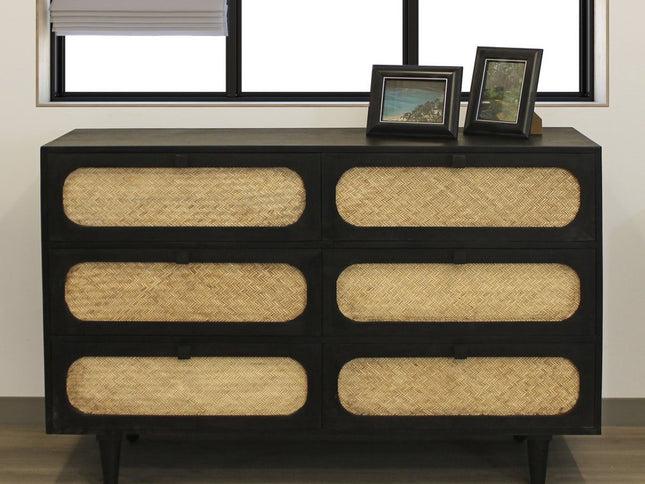 56" Black And Natural Solid Wood And Rattan Six Drawer Double Dresser