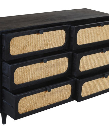 56" Black And Natural Solid Wood And Rattan Six Drawer Double Dresser