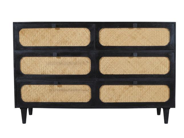 56" Black And Natural Solid Wood And Rattan Six Drawer Double Dresser