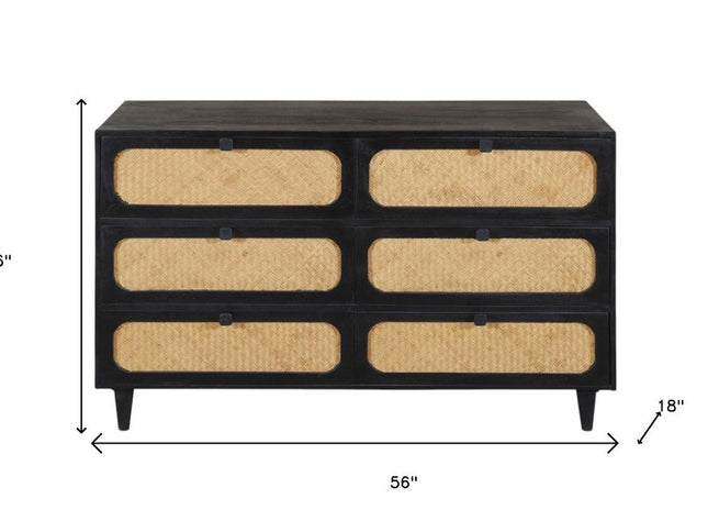 56" Black And Natural Solid Wood And Rattan Six Drawer Double Dresser