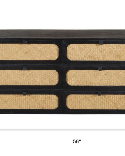 56" Black And Natural Solid Wood And Rattan Six Drawer Double Dresser