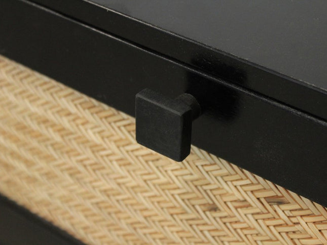 56" Black And Natural Solid Wood And Rattan Six Drawer Double Dresser