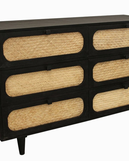 56" Black And Natural Solid Wood And Rattan Six Drawer Double Dresser
