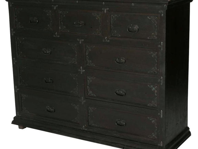 60" Dark Brown Carved Scrollwork Solid Wood Nine Drawer Double Dresser