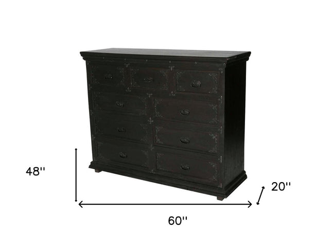 60" Dark Brown Carved Scrollwork Solid Wood Nine Drawer Double Dresser