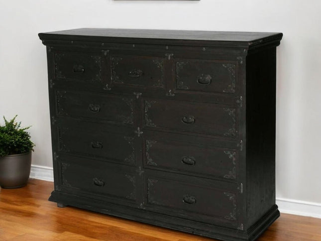 60" Dark Brown Carved Scrollwork Solid Wood Nine Drawer Double Dresser