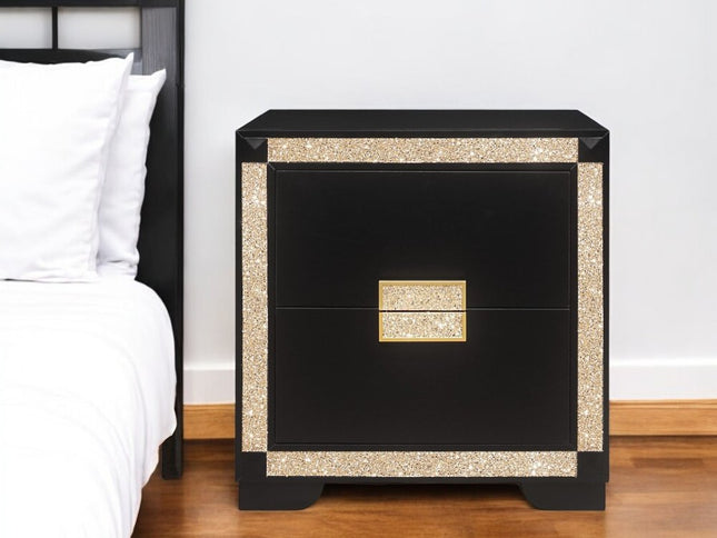 26" Black and Gold Two Drawer Faux Crystal Bling Wood Nightstand