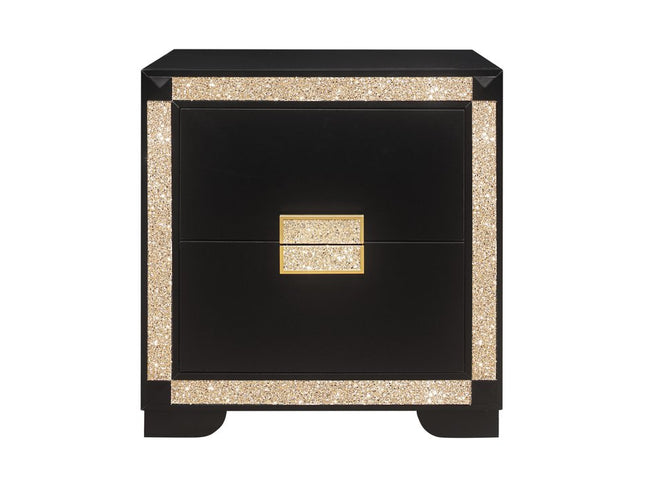 26" Black and Gold Two Drawer Faux Crystal Bling Wood Nightstand