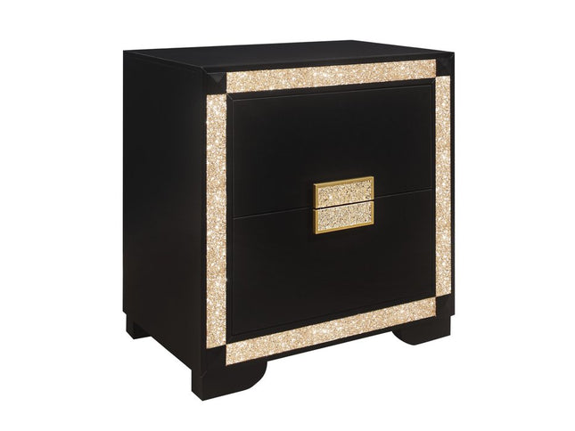26" Black and Gold Two Drawer Faux Crystal Bling Wood Nightstand