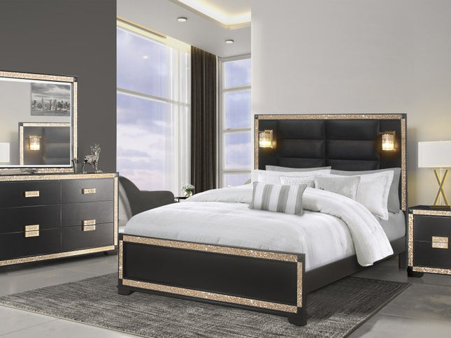 26" Black and Gold Two Drawer Faux Crystal Bling Wood Nightstand