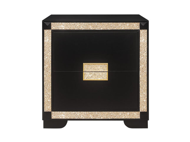 26" Black and Gold Two Drawer Faux Crystal Bling Wood Nightstand