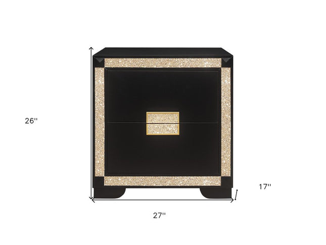 26" Black and Gold Two Drawer Faux Crystal Bling Wood Nightstand