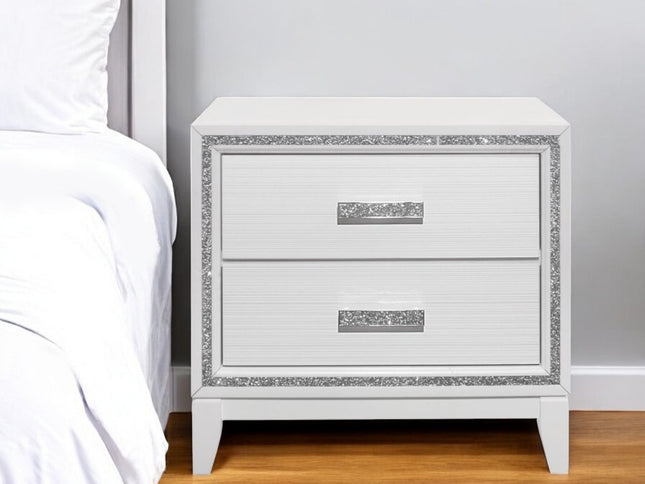 26" White Two Drawer Faux Crystal Bling Wood Nightstand