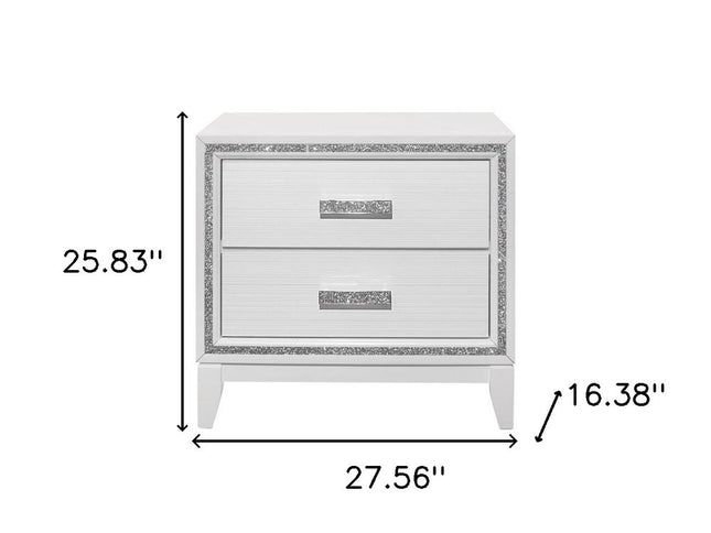 26" White Two Drawer Faux Crystal Bling Wood Nightstand
