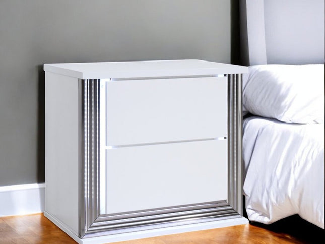 25" White Solid and Manufactured Wood Lighted Two Drawer Nightstand