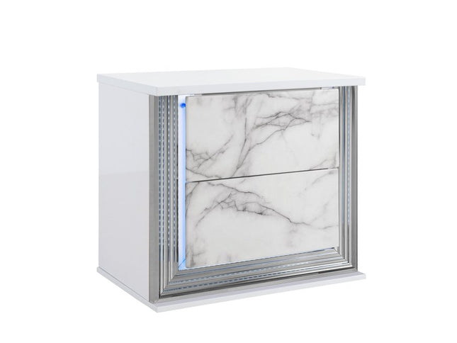 25" White Wood Faux Marble Solid and Manufactured Wood Lighted Two Drawer Nightstand with USB Port