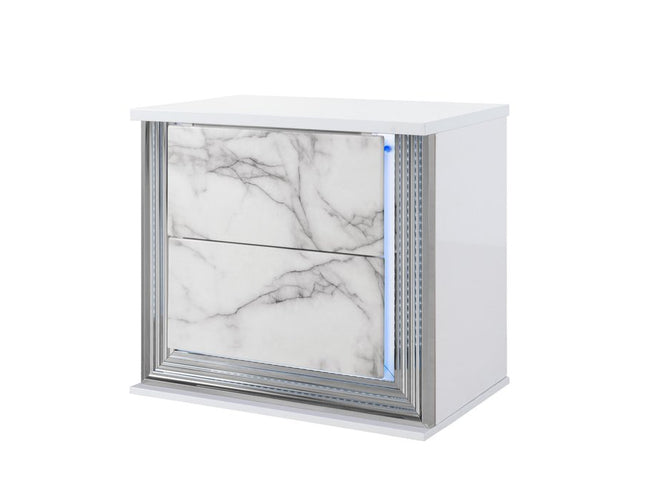 25" White Wood Faux Marble Solid and Manufactured Wood Lighted Two Drawer Nightstand with USB Port