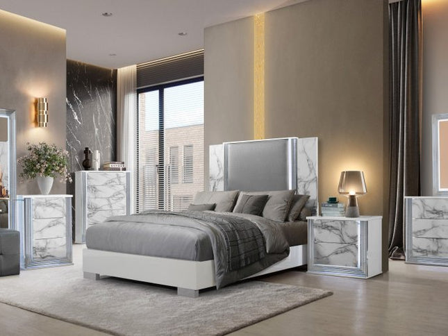 25" White Wood Faux Marble Solid and Manufactured Wood Lighted Two Drawer Nightstand with USB Port