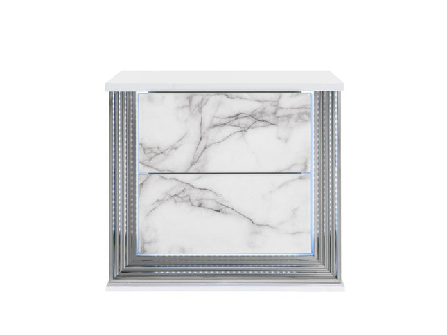 25" White Wood Faux Marble Solid and Manufactured Wood Lighted Two Drawer Nightstand with USB Port
