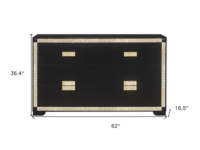 62" Black And Gold Faux Crystal Bling Wood Six Drawer Double Dresser