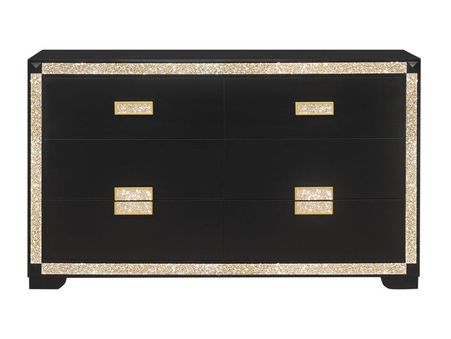 62" Black And Gold Faux Crystal Bling Wood Six Drawer Double Dresser