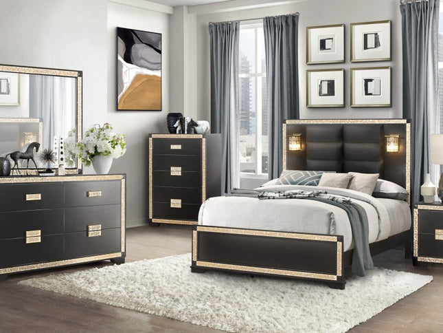 62" Black And Gold Faux Crystal Bling Wood Six Drawer Double Dresser