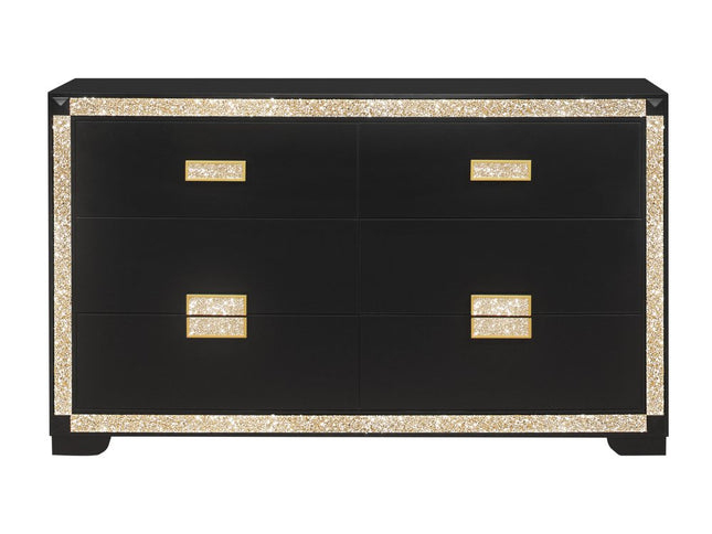 62" Black And Gold Faux Crystal Bling Wood Six Drawer Double Dresser
