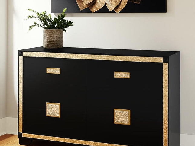 62" Black And Gold Faux Crystal Bling Wood Six Drawer Double Dresser