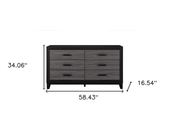 58" Black And Gray Wood Six Drawer Double Dresser