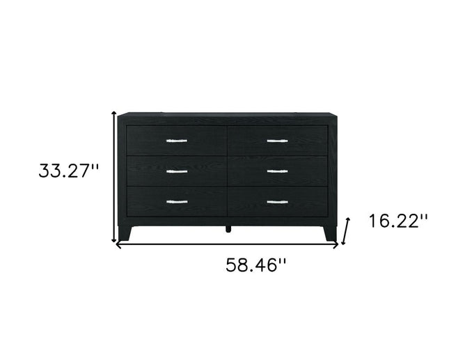 58" Black Wood Six Drawer Double Dresser