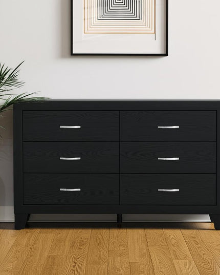 58" Black Wood Six Drawer Double Dresser