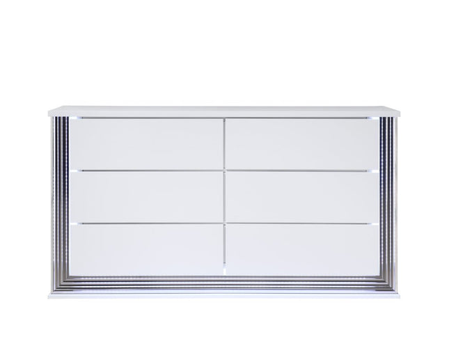 61" White Wood Lighted Six Drawer Double Dresser