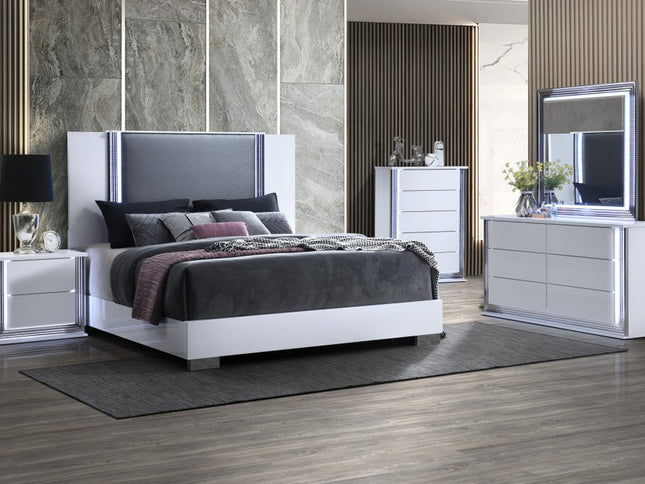 61" White Wood Lighted Six Drawer Double Dresser