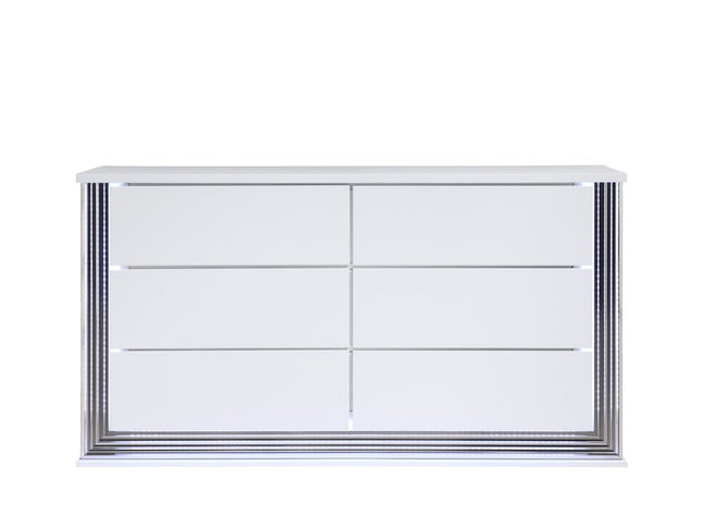 61" White Wood Lighted Six Drawer Double Dresser