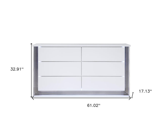 61" White Wood Lighted Six Drawer Double Dresser