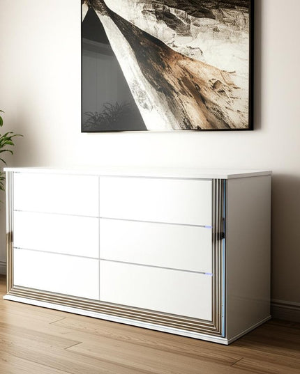 61" White Wood Lighted Six Drawer Double Dresser