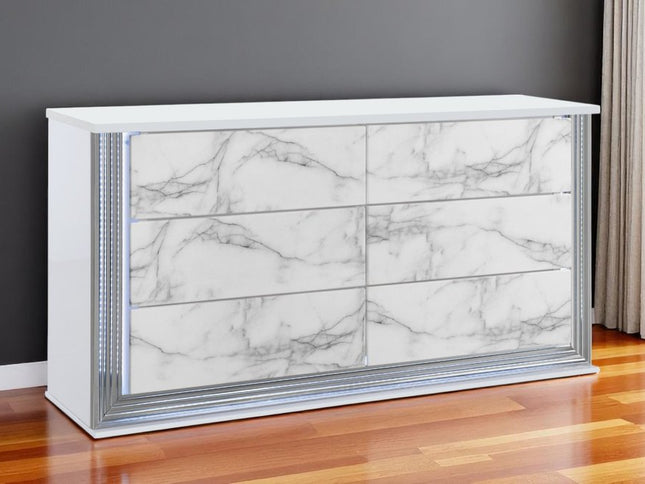 61" White Faux Marble And Wood Lighted Six Drawer Double Dresser