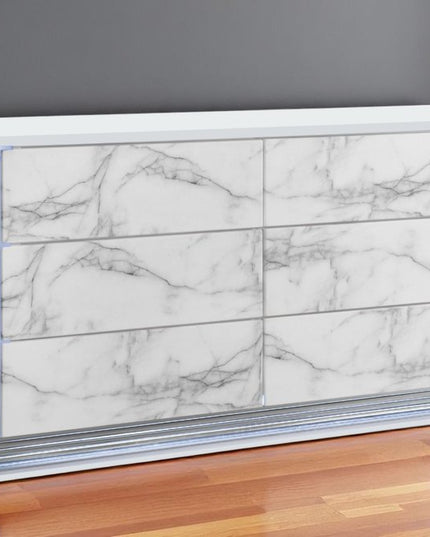 61" White Faux Marble And Wood Lighted Six Drawer Double Dresser