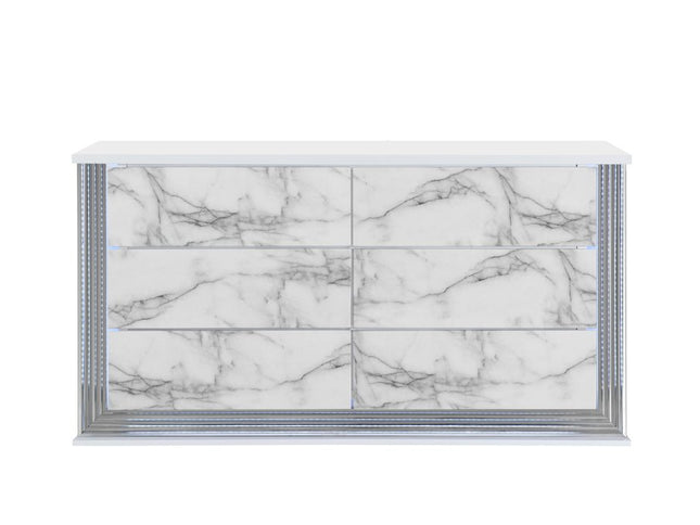61" White Faux Marble And Wood Lighted Six Drawer Double Dresser