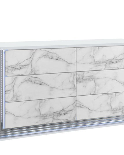 61" White Faux Marble And Wood Lighted Six Drawer Double Dresser