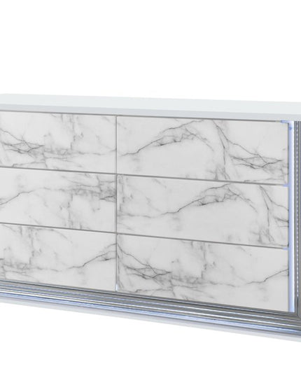 61" White Faux Marble And Wood Lighted Six Drawer Double Dresser