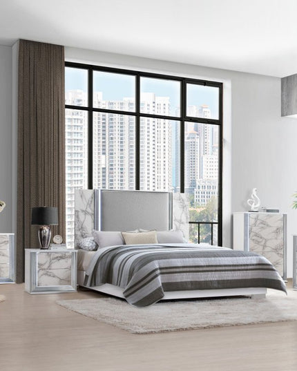 61" White Faux Marble And Wood Lighted Six Drawer Double Dresser