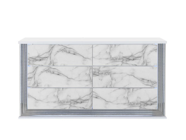61" White Faux Marble And Wood Lighted Six Drawer Double Dresser