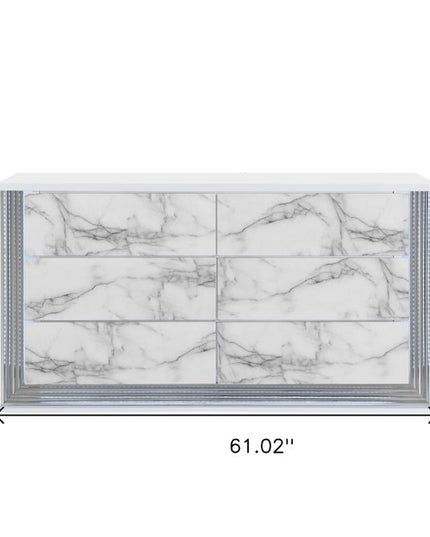 61" White Faux Marble And Wood Lighted Six Drawer Double Dresser