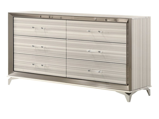 64" White And Silver Wood Six Drawer Double Dresser