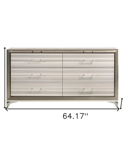 64" White And Silver Wood Six Drawer Double Dresser