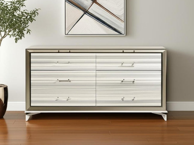 64" White And Silver Wood Six Drawer Double Dresser