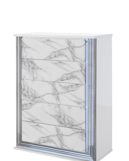 49" Silver And White Wood Faux Marble Lighted Five Drawer Dresser