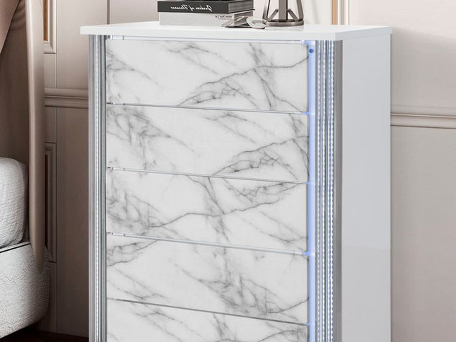 49" Silver And White Wood Faux Marble Lighted Five Drawer Dresser